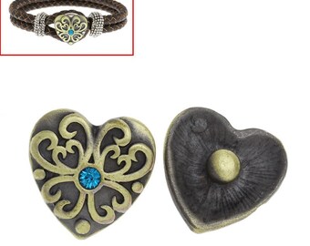 1 or 5 Chunk Snap on Popper Charm Button - Heart Shaped - Bronze - Blue Rhinestone - 20mm Dia.(3/4") (0125)