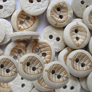 Coconut Wooden Button - 12mm - Leaf Fern Pattern - Wood Buttons - Coconut Wood
