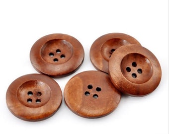 100 Brown Wooden Buttons - 25mm (1 inch) - 4 Holes -  Round Sewing Wood Buttons 25mm (1")  (21317)