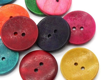 50 Large Mixed Color Wooden Buttons - 30mm (1 1/8 Inch) -  Mixed Colors - 2 Hole - Mixed Wood Button (23789)