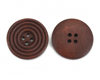 Dark Brown Carved Wooden Buttons - Brown Finish 25mm (approx. 1 Inch)  - 4 Hole - Wood Button  (989)