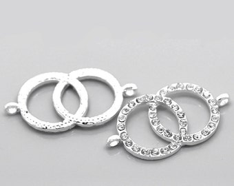 2 Rhinestone Double Dual Ring Connector Charm - Silver Finish - Crystal Rhinestones - 4.2cm x 2.2cm (1 5/8"x7/8")  (20858)