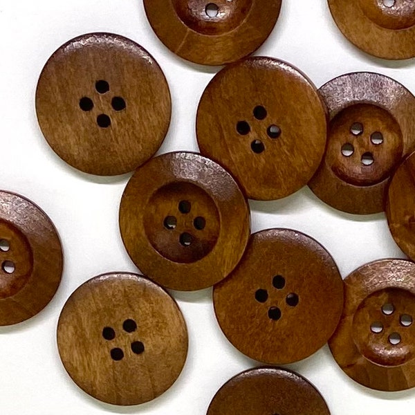 Dark brown wooden buttons - 25mm (1 inch) - 4 holes -  round sewing wood buttons 25mm (1")  (040991)
