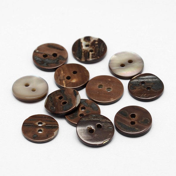 Flat Round Shell Buttons - Brown - Earth Tones - 13 (1/2 inch) x 2mm - 2-Hole (SHEL-P012-22)