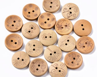 Bulk Mixed Wooden Buttons - 20mm (Approx. 3/4 Inch) - 2 Hole - Assorted Designs at Random (020)