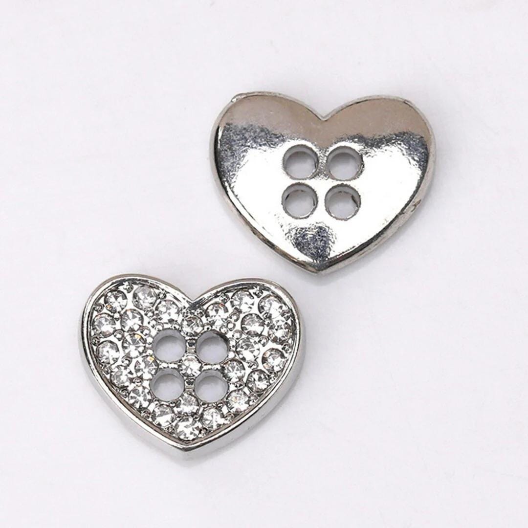 Silver Heart Buttons With Rhinestones - 12mm X 10mm - 2 Hole - Mini ...