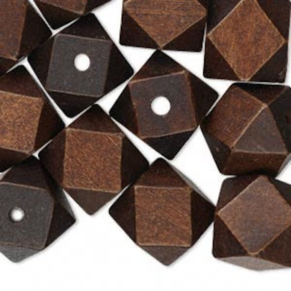 5 Wood Beads in Dark Brown - Cube - Faceted - 20mm