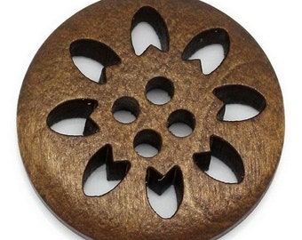 Brown Carved Wooden Buttons - 25mm (approx. 1 Inch) - 2 Hole - Brown Wood Button (b27355)