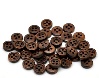 100 dark brown wooden buttons - 11mm - 4 hole - wood button (b20326)