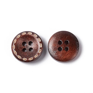 May include: Two brown wooden buttons with four holes each. One button has a white stitched border.