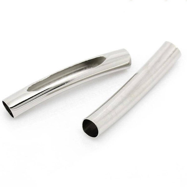 Silver Finish Tube Beads -  Curved with Opening - 31mm x 5mm - Noodle Silver Tube Bead - Lead Nickel Safe (B28275)
