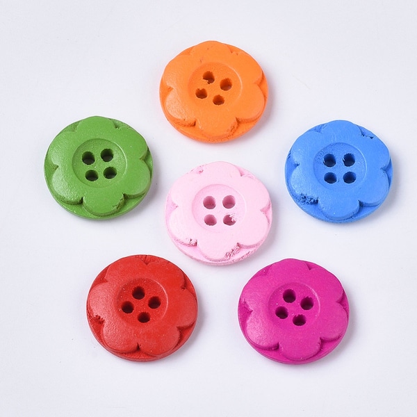 Wooden Button - Assorted Colors - Carved Flower - 4 Holes - 20mm -  Wood Buttons Sewing Scrapbooking 20mm (012)