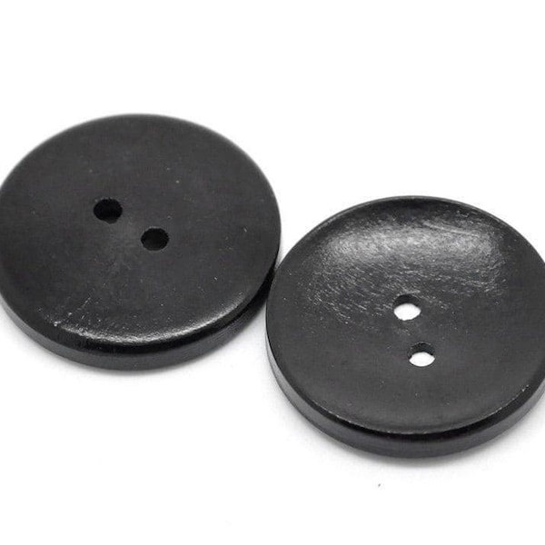 5 Black Wooden Buttons - 30mm (approx. 1 1/8" Inch)  - 2 Hole - Wood Button  (b19489)