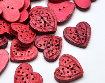 Heart Shaped Buttons - Carved Coconut Wood - Dark Pink, Fushia - 22~23mm wide, 20~21mm long - Christmas or Valentines Day - 2 Hole (30B)