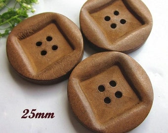 Brown Wooden Buttons - 25mm (1 Inch) - 4 Holes -  Carved Square Middle - Round Sewing Wood Buttons (butt-brn-25mm-square Mid-a-p)