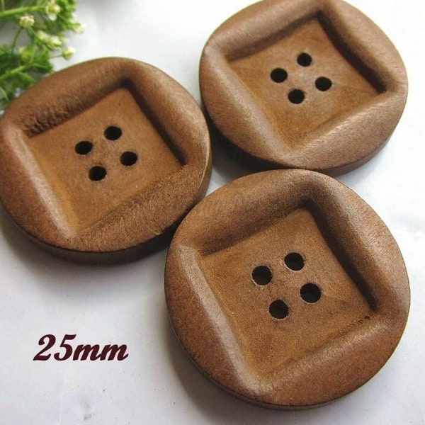 Brown Wooden Buttons - 25mm (1 Inch) - 4 Holes -  Carved Square Middle - Round Sewing Wood Buttons (butt-brn-25mm-square Mid-a-p)