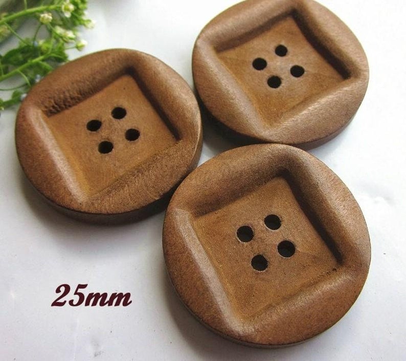 Brown Wooden Buttons 25mm 1 Inch 4 Holes Carved Square Middle Round Sewing Wood Buttons butt-brn-25mm-square Mid-a-p image 1