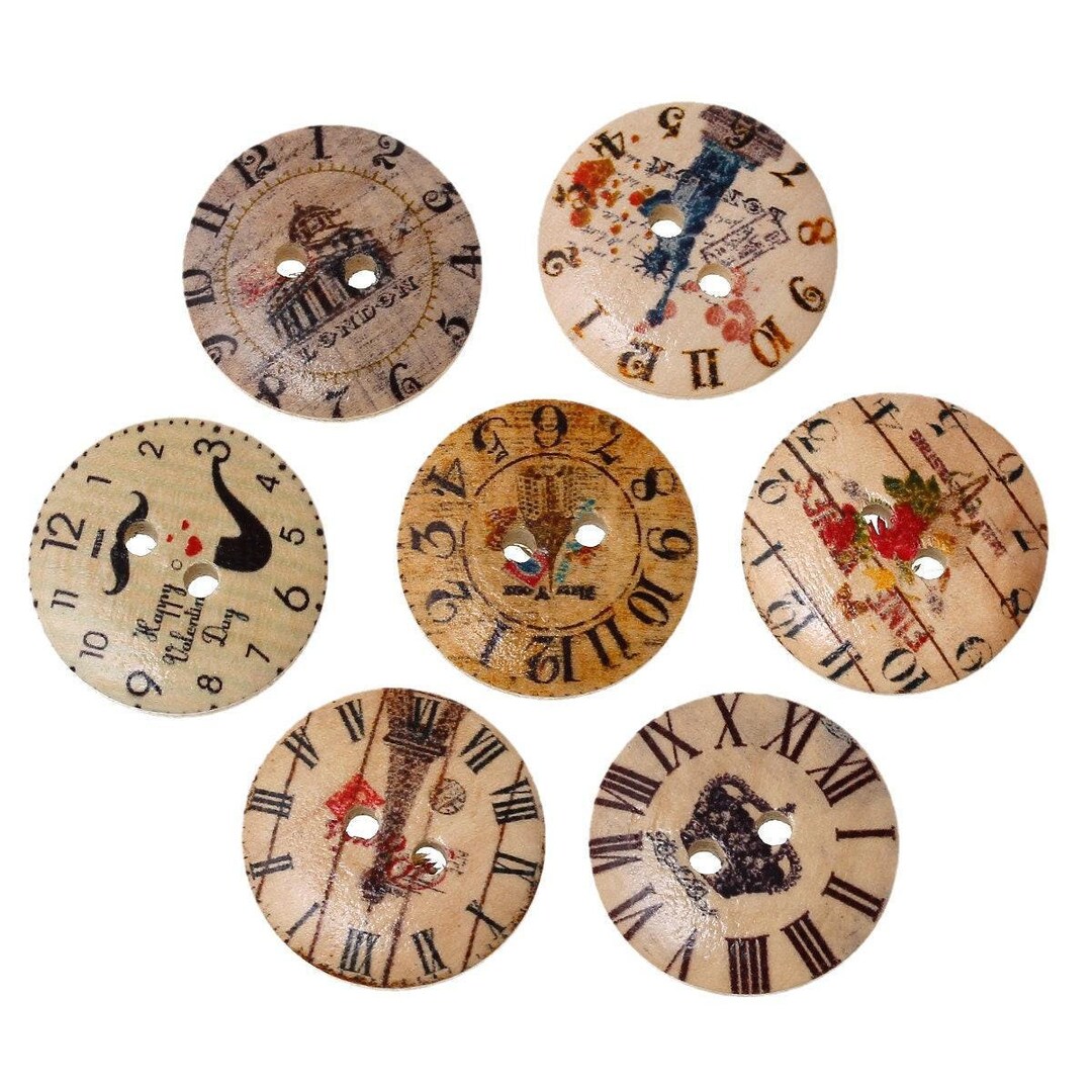 10 Mixed Wooden Buttons - Clock Designs - 20mm (3/4 Inch) - 2 Hole ...
