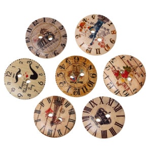10 Mixed Wooden Buttons - Clock Designs - 20mm (3/4 Inch) - 2 Hole - Assorted Mixed Watch Design Wood Button (52154)