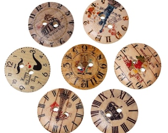 10 Mixed Wooden Buttons - Clock Designs - 20mm (3/4 Inch) - 2 Hole - Assorted Mixed Watch Design Wood Button (52154)