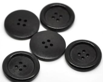 5 black wooden buttons - 30mm (approx. 1 1/8&quot; inch)  - rim - 4 hole - wood button  (b19500)