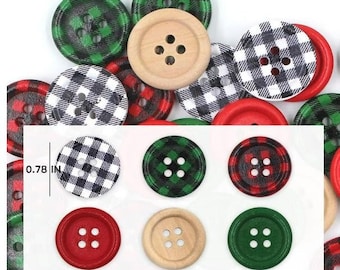 Christmas Holiday Buttons - Assorted - Red, Green, Black, Natural - Holiday Wood Button- Christmas Wooden Buttons (christmas-assorted-t-p)