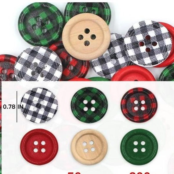 Christmas Holiday Buttons - Assorted - Red, Green, Black, Natural - Holiday Wood Button- Christmas Wooden Buttons (christmas-assorted-t-p)