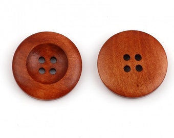 Reddish Brown Wooden Buttons - 25mm (1 inch) - 4 Holes -  Round Sewing Wood Buttons 25mm (1")  (21317-rd)