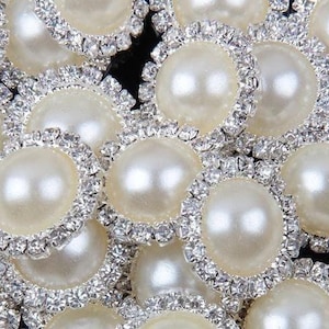 10 Ivory White Pearl Rhinestone Flatback Button - Silver - 18mm Metal Button - Pearl Rhinestone Buttons - Hair Bow Centers (pwrb