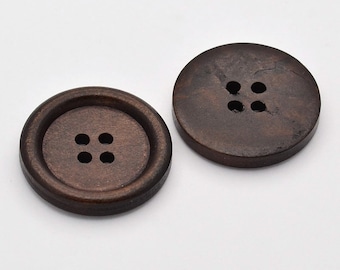 10 Dark Brown Wooden Buttons - 25mm (1 inch) - 4 Holes -  Round Sewing Wood Buttons 25mm (1")   (D039-26-01)