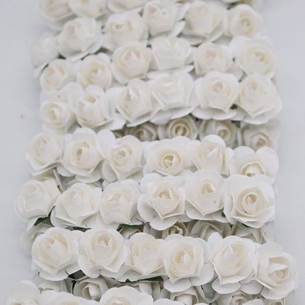 White Mini Paper Flowers - 15mm (.6") - Small Paper Roses - Tiny Paper Roses with Stems