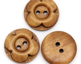 Brown Wooden Button - Carved Flower - 4 Holes - 20mm -  Wood Buttons Sewing Scrapbooking 20mm (27356)