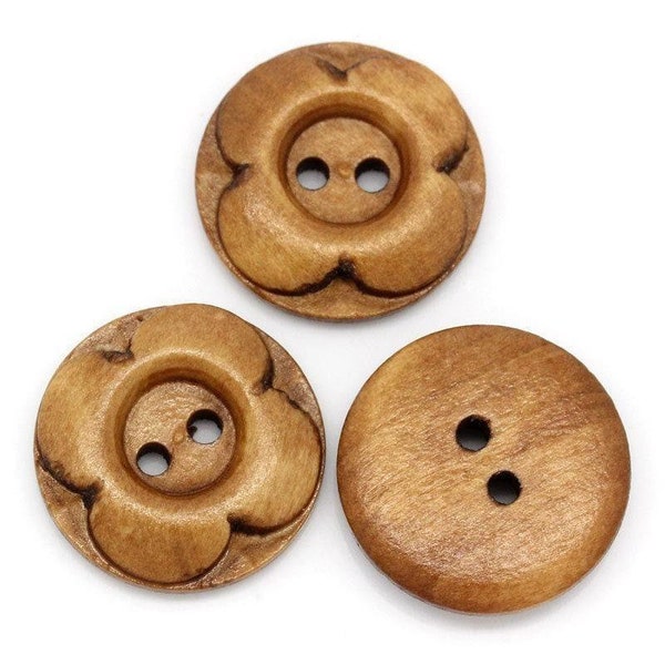 Brown Wooden Button - Carved Flower - 4 Holes - 20mm -  Wood Buttons Sewing Scrapbooking 20mm (27356)