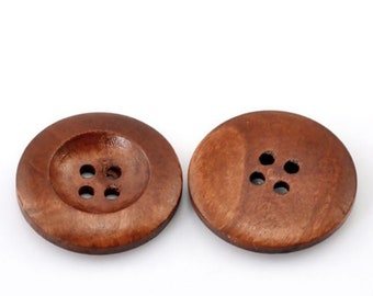 50 Brown Wooden Buttons - 25mm (1 inch) - 4 Holes -  Round Sewing Wood Buttons 25mm (1")  (21317)