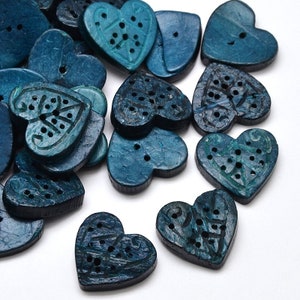 Coconut Wood Heart Shaped Buttons - Carved - Royal Blue - 22~23mm wide, 20~21mm long - Christmas or Valentines Day - 2 Hole (30A)