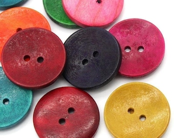 50 Large Mixed Color Wooden Buttons - 30mm (1 1/8 Inch) -  Mixed Colors - 2 Hole - Mixed Wood Button (23789)