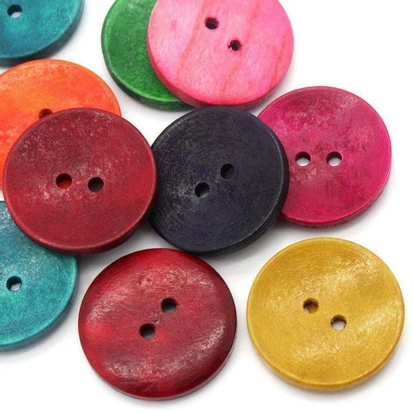 50 Large Mixed Color Wooden Buttons - 30mm (1 1/8 Inch) -  Mixed Colors - 2 Hole - Mixed Wood Button (23789)