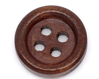 50 Dark Brown Wooden Buttons - 15mm - 4 Hole - Wood Button (b10383)