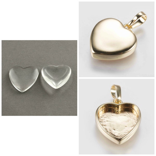 5 pendant bezel tray sets - clear glass heart cabochon - gold, silver, rose gold  - 17x15x3.5mm,  tray: 12mm x13mm  - lead nickel free