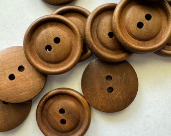 Brown Wooden Buttons - 25mm (1 Inch) - 2 Holes -  Carved Dome Center - Round Sewing Wood Buttons 25mm (262)