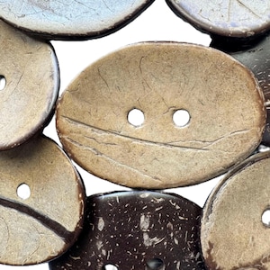 May include: Close-up of various natural coconut shell buttons. The buttons are in shades of brown and tan, with visible grain and two or four holes for sewing. Some buttons are oval, while others are round.
