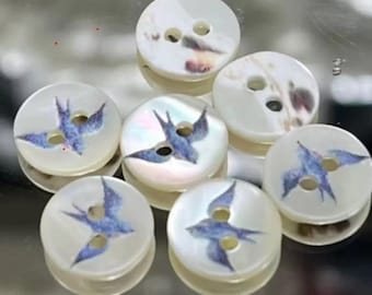 5 White Shell buttons with Blue Bird - 11.5mm -  Mother of Pearl Shell Button  (butt-shl-bluebird-11.5mm-t))