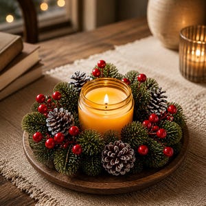 Op de afbeelding: Een brandende kaars in een heldere glazen pot in het midden van een ronde krans van groene dennennaalden, kleine besneeuwde dennenappels en helderrode bessen, geplaatst op een rond houten dienblad met een natuurlijke houtnerf.