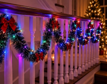 Julgirlang med färgade LED-ljus 2 m snöflockad tallgirlang rött band julklappstrappa mantel väggdekor