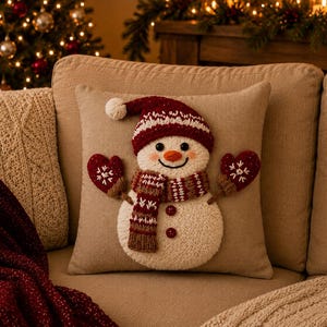 May include: A square beige knit throw pillow featuring a three-dimensional snowman applique. The snowman wears a red and white knit hat with a pom-pom, a striped scarf, and red mittens with white snowflake patterns. Two dark buttons serve as eyes.