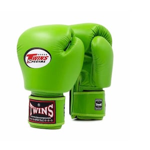 May include: A pair of bright lime green boxing gloves featuring the Twins Special logo in red and white on the wrist strap and the back of the hand. The gloves have a smooth finish, padded construction, and a secure hook-and-loop closure system.