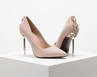 Light Pink High Heel Pumps, Gold Heart Bow Detail Stiletto Heels, Women's Pointed Toe Pumps, Bridal Wedding Shoes, US 5-11, Bow Back Detail