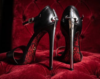 Dagger Heel Sandals, Black Ankle Strap Stiletto Heels, Silver Sculptural Heel, Statement Wedding Party Shoes for Women