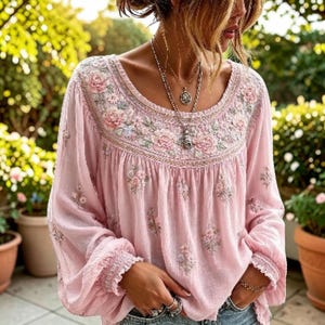 Women's Boho Floral Blouse Loose Peasant Top Cottagecore Long Sleeve Casual Shirt