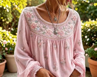 Women's Boho Floral Blouse Loose Peasant Top Cottagecore Long Sleeve Casual Shirt